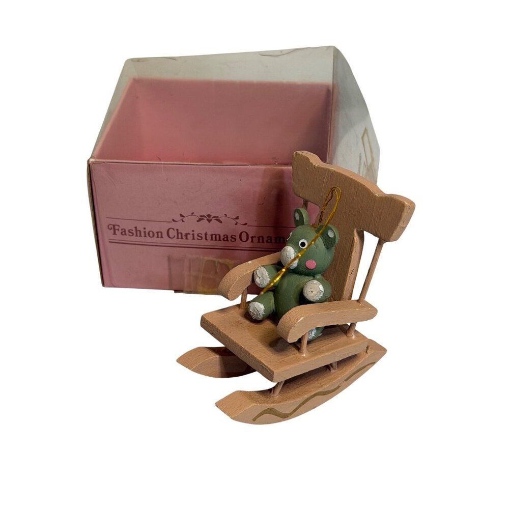Vintage Russ Fashion Christmas Ornament Teddy Bear in Wooden Rocking Chair 3.5"